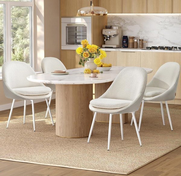 Sedie da Pranzo Teddy in Tessuto Bouclè e Similpelle Bianco Nuvola