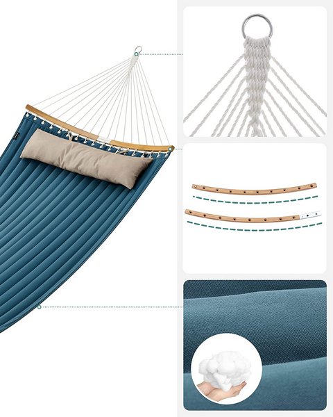 Amaca Doppia Imbottita SONGMICS Con Barre In Bambù - Portata 225kg, Blu E Beige, Per Giardino E Campeggio - Foto 7
