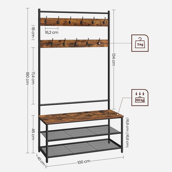 Appendiabiti Con Panca E Scarpiera – 12 Scomparti, 13 Ganci, Per Ingresso, Design Industriale