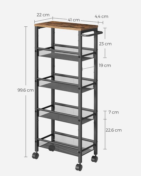 Relaxdays Carrello 4 Ripiani Stile Industriale – 85x60x40 Cm, Ruote 360° E Design Aperto, Carrello Da Cucina O Soggiorno In Acciaio E MDF, Nero E Marrone