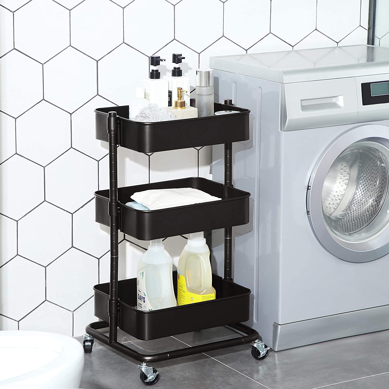Carrello Portautilità TOOLF A 4 Livelli Con Ruote Girevoli E Ganci, Per Cucina Bagno, Nero