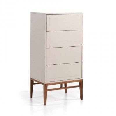 Ángel Cerdá Cassettiera Alta Moderna 4 Cassetti | Comò Stretto In MDF Laccato Nebbia Lucida E Noce - 60x45x120 Cm