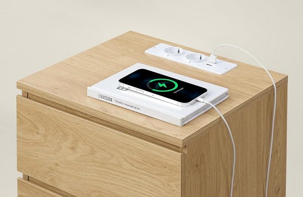 Comodino con prese e illuminazione LED, Tavolino da divano con 2 cassetti gambe in metallo 2 porte USB 2 prese Grigio