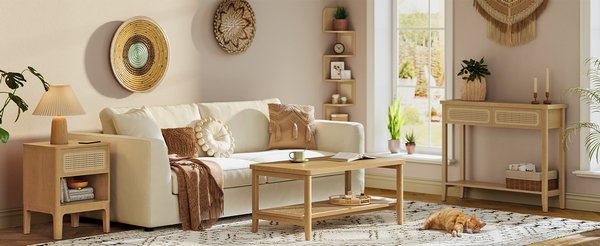 Tavolo Consolle Boho Con Cassetto - Costway In Legno E Rattan