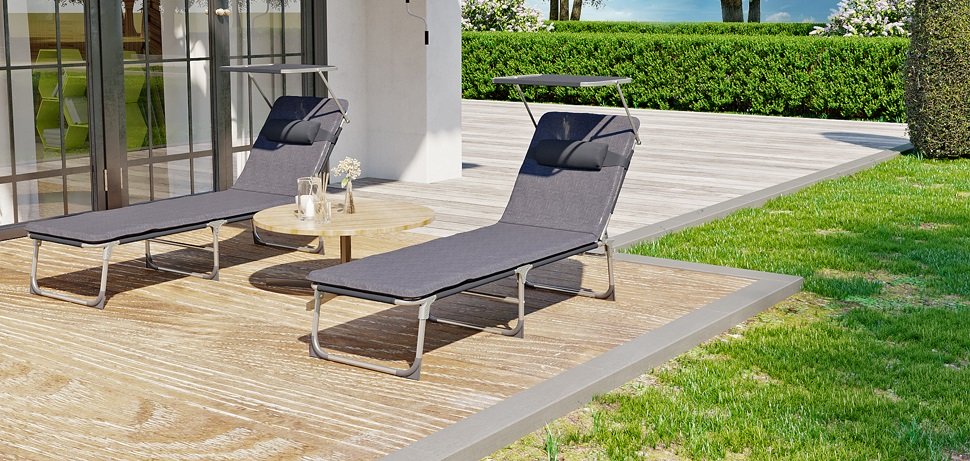 Lettino Prendisole Sdraio da Esterno Grigio con Cuscino e Tettuccio - Main Image