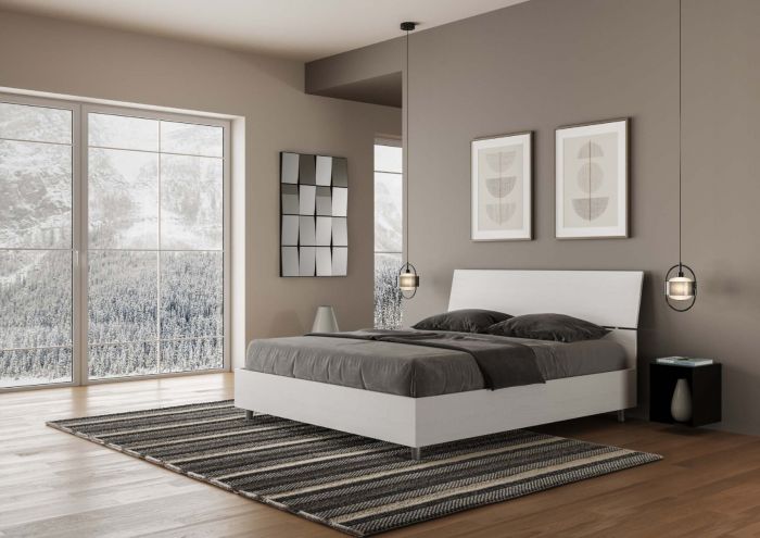 Letto Matrimoniale in Legno Bianco con Contenitore e Rete Testata