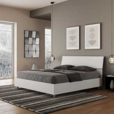 Letto Matrimoniale in Legno Bianco con Contenitore e Rete Testata