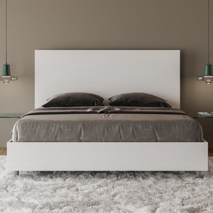 Letto Matrimoniale in Legno Bianco con Contenitore e Rete