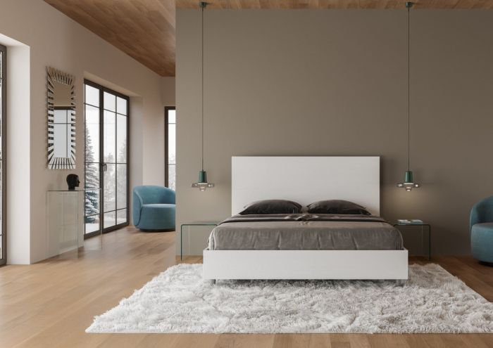 Letto Matrimoniale in Legno Bianco con Contenitore e Rete