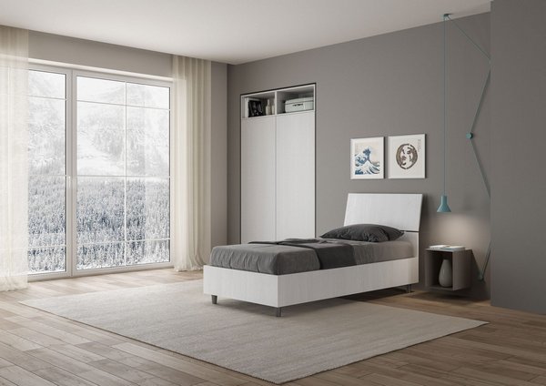 Letto Singolo in Legno Bianco con Contenitore e Rete Testata