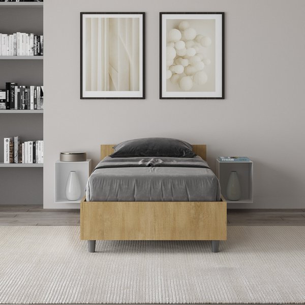 Letto sommier Singolo in Legno Bianco con Rete e Contenitore Quercia