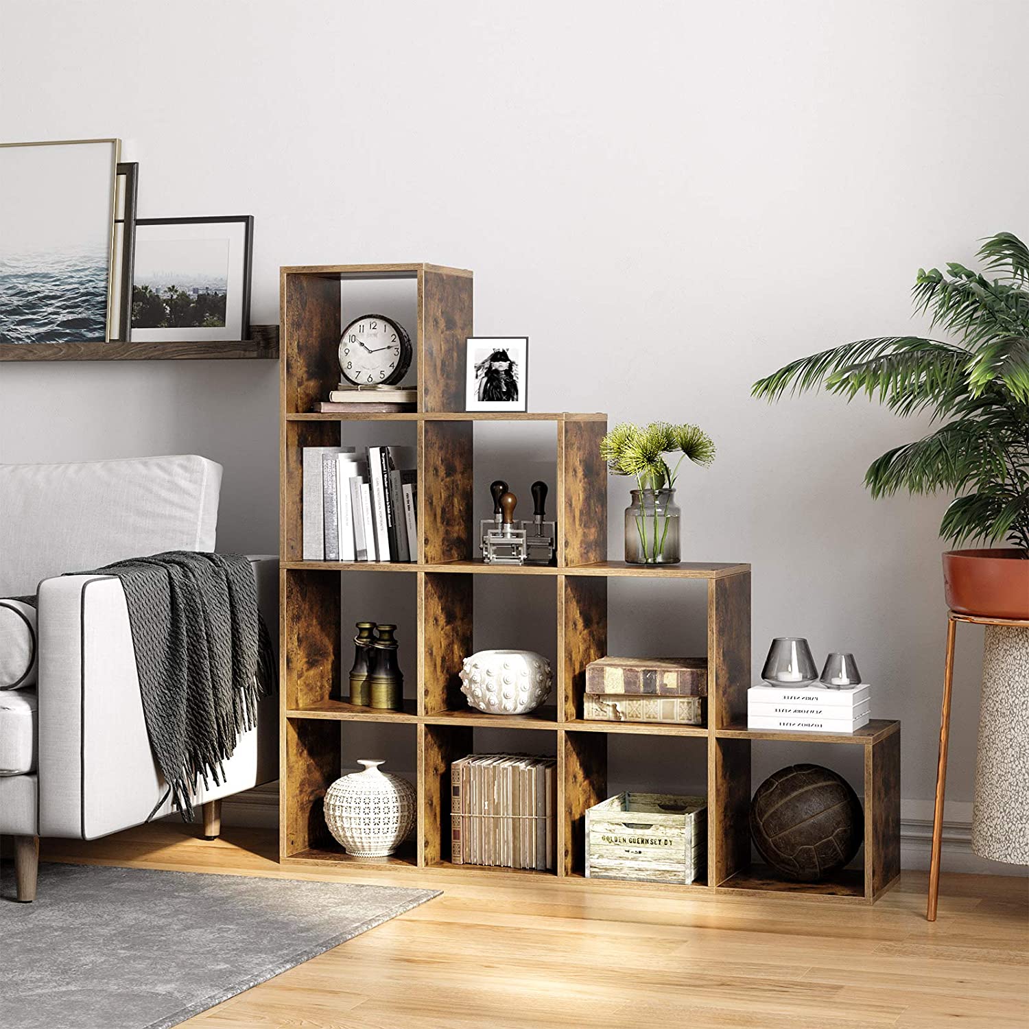WOLTU Libreria a 4 Livelli, Scaffale in Piedi con Struttura in Metallo, per Soggiorno, Camera da Letto, Cucina, Ufficio, Studio, Rovere Chiaro + Nero