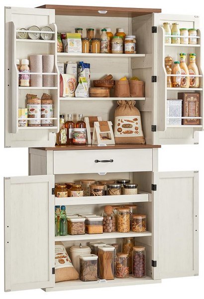 Armadio Cucina Xbro Alto E Salvaspazio – 60x30x171 Cm, Con 4 Ante In Acrilico, 2 Cassetti E Ripiani Laterali, Bianco
