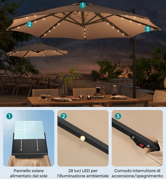 GYMAX Ombrellone Da Giardino 2,7 M Con Luci LED A Pannello Solare - Beige/Marrone