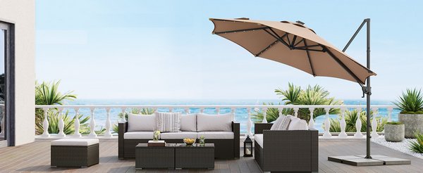 GYMAX Ombrellone Da Giardino 2,7 M Con Luci LED A Pannello Solare - Beige/Marrone