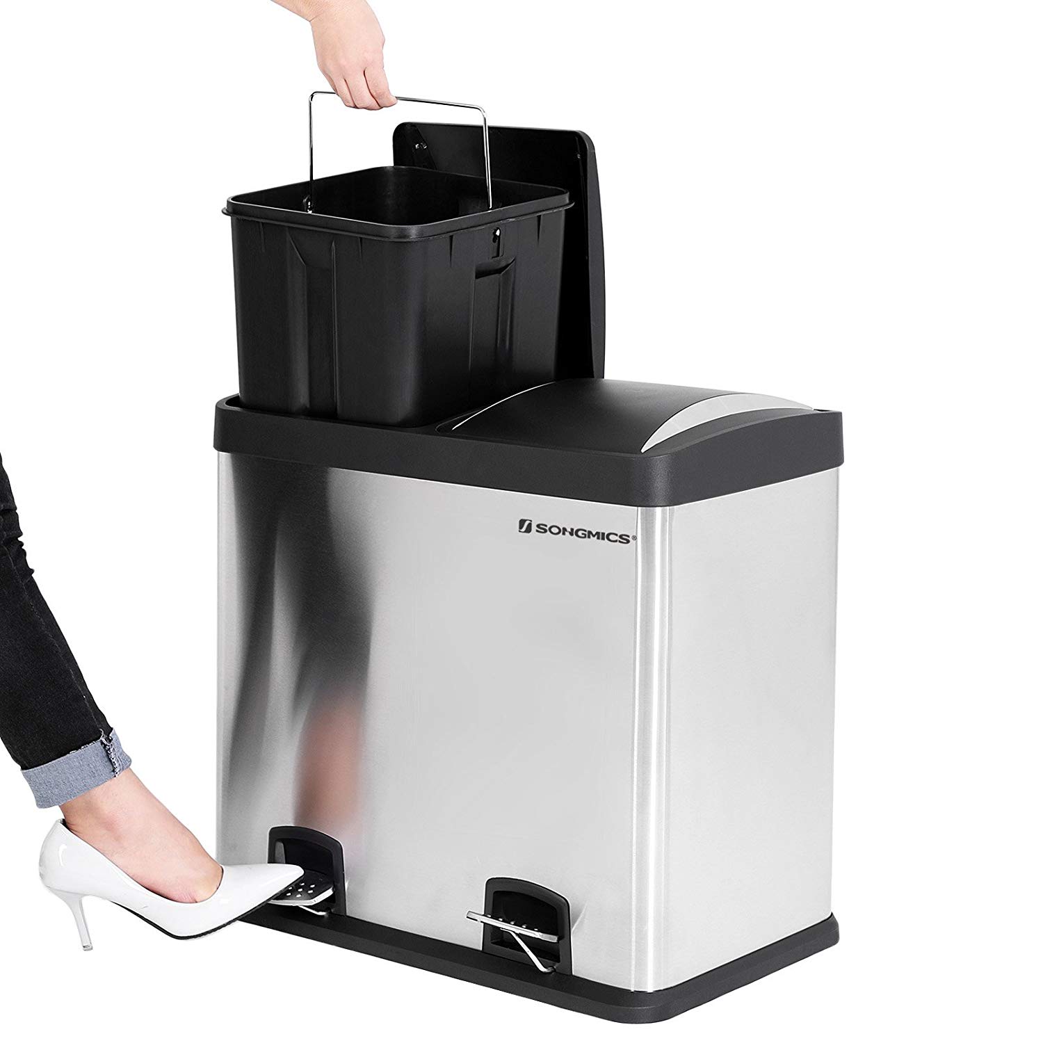 EKO Essential - Pattumiera a 3 scomparti, 3 x 20 litri, sistema di raccolta differenziata, con 20 sacchi della spazzatura, con coperchio, chiusura delicata e ermetica, in acciaio inox spazzolato