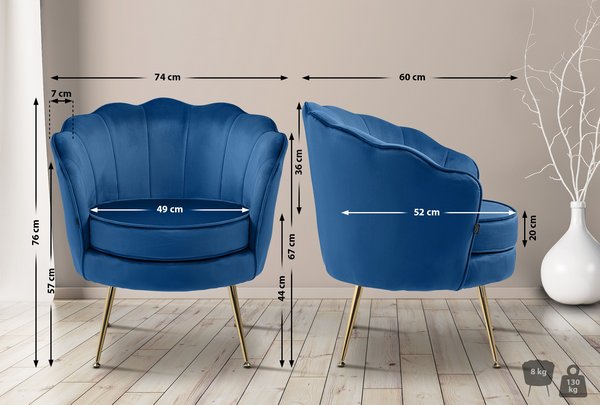 Poltrona Particolare Velluto Blu a Forma di Conchiglia