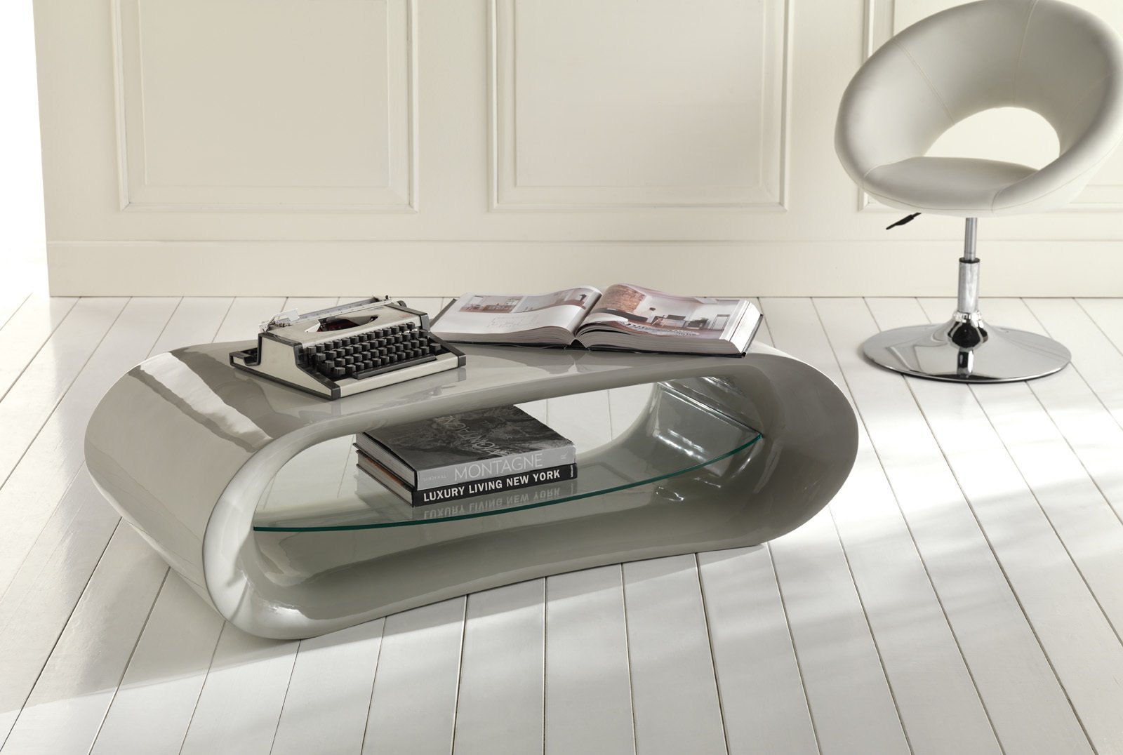 Porta Tv Moderno Laccato Grigio con Ripiano Vetro Forma Ovale Porta Tv Moderno Laccato Grigio con Ripiano Vetro Forma Ovale