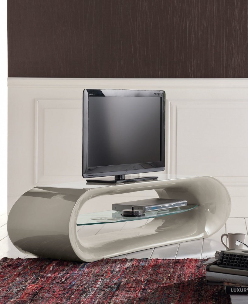 Porta tv moderno laccato grigio con ripiano vetro forma ovale