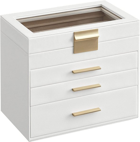 Scatola per gioielli in eco-pelle 25x25x8,5 cm, valigetta color crema con scomparti