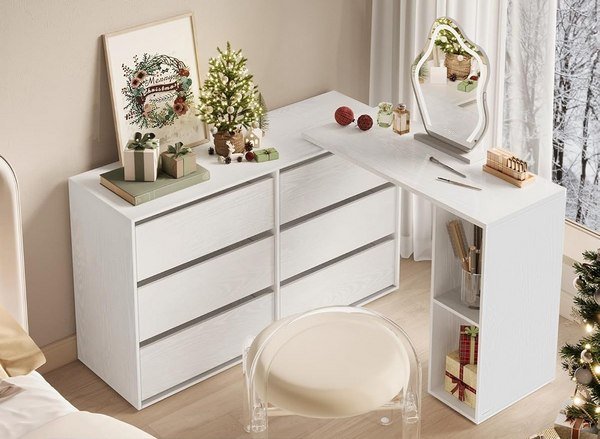 Scrivania Angolare o Toeletta Girevole per Camera con Cassettiera