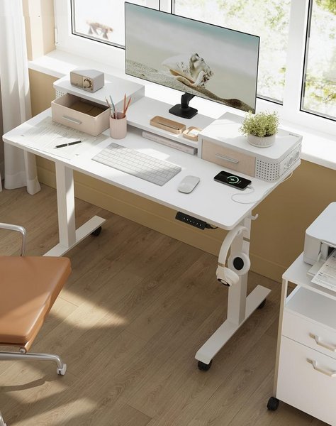 Supporto Monitor Scrivania Elettrica Regolabile OffiGo 140cm Con Cassetti,  E Bianco Luci LED