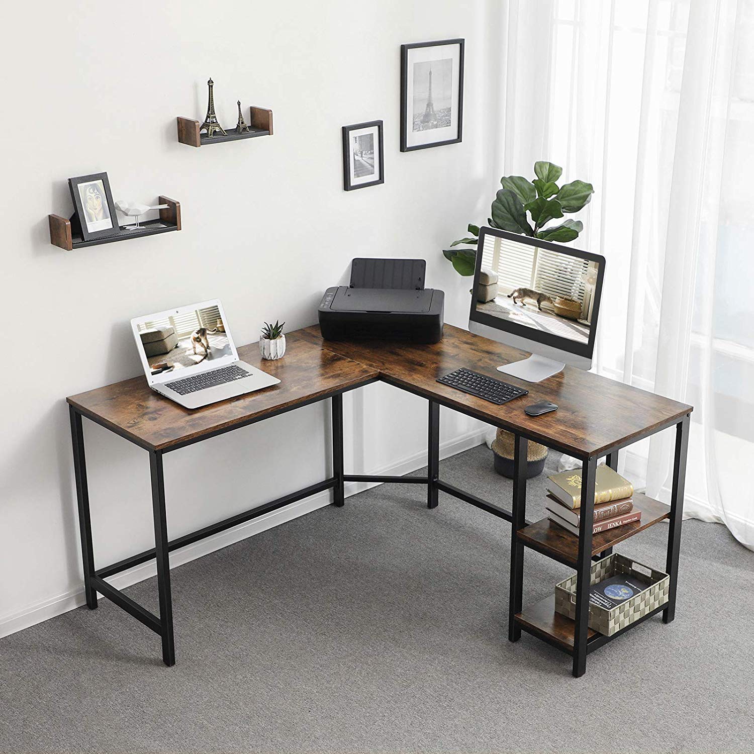 Scrivania Angolare A L BAKAJI Con Libreria 2 Ripiani - Tavolo Da Lavoro In Metallo Nero E Legno Effetto Anticato - Design Industriale Per Ufficio O Cameretta - 138x138x76 Cm - 2