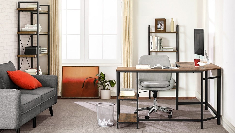 Scrivania Angolare A L BAKAJI Con Libreria 2 Ripiani - Tavolo Da Lavoro In Metallo Nero E Legno Effetto Anticato - Design Industriale Per Ufficio O Cameretta - 138x138x76 Cm - 6