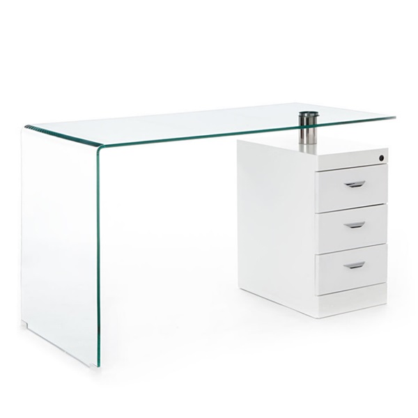 Scrivania con Cassettiera Reversibile Bianca e Vetro Curvato