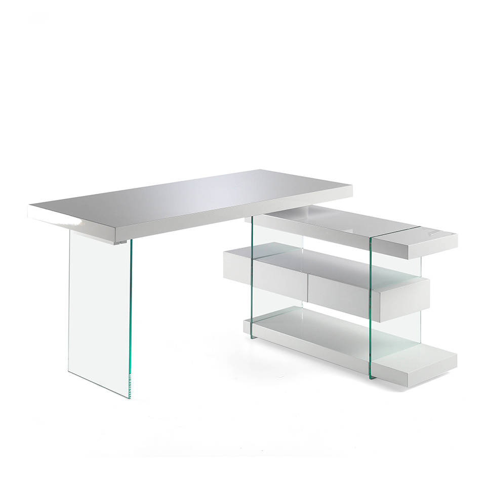 Scrivania di Design Multilivello Angolare Laccato Bianco Lucido e Vetro