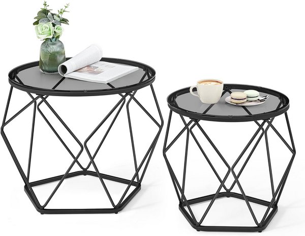 Set Di 3 Tavolini Esagonali In Vetro E Metallo (Oro/Nero) - Combinazione Libera E Modulabile Per Soggiorno Moderno - Tavolino Da Caffè Creativo (40x45x45 Cm Cadauno) - 3