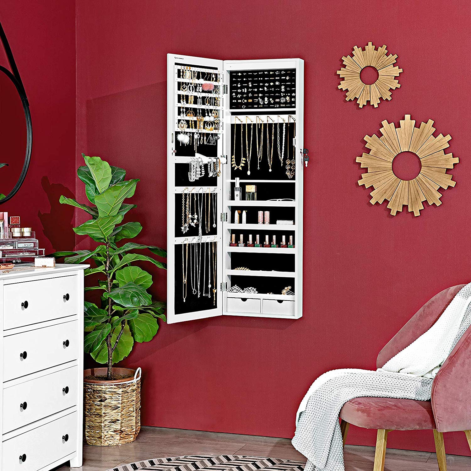 Armadietto Portagioie Con Specchio LED GIANTEX - Bianco, 35.5x10x120 Cm - Foto 8