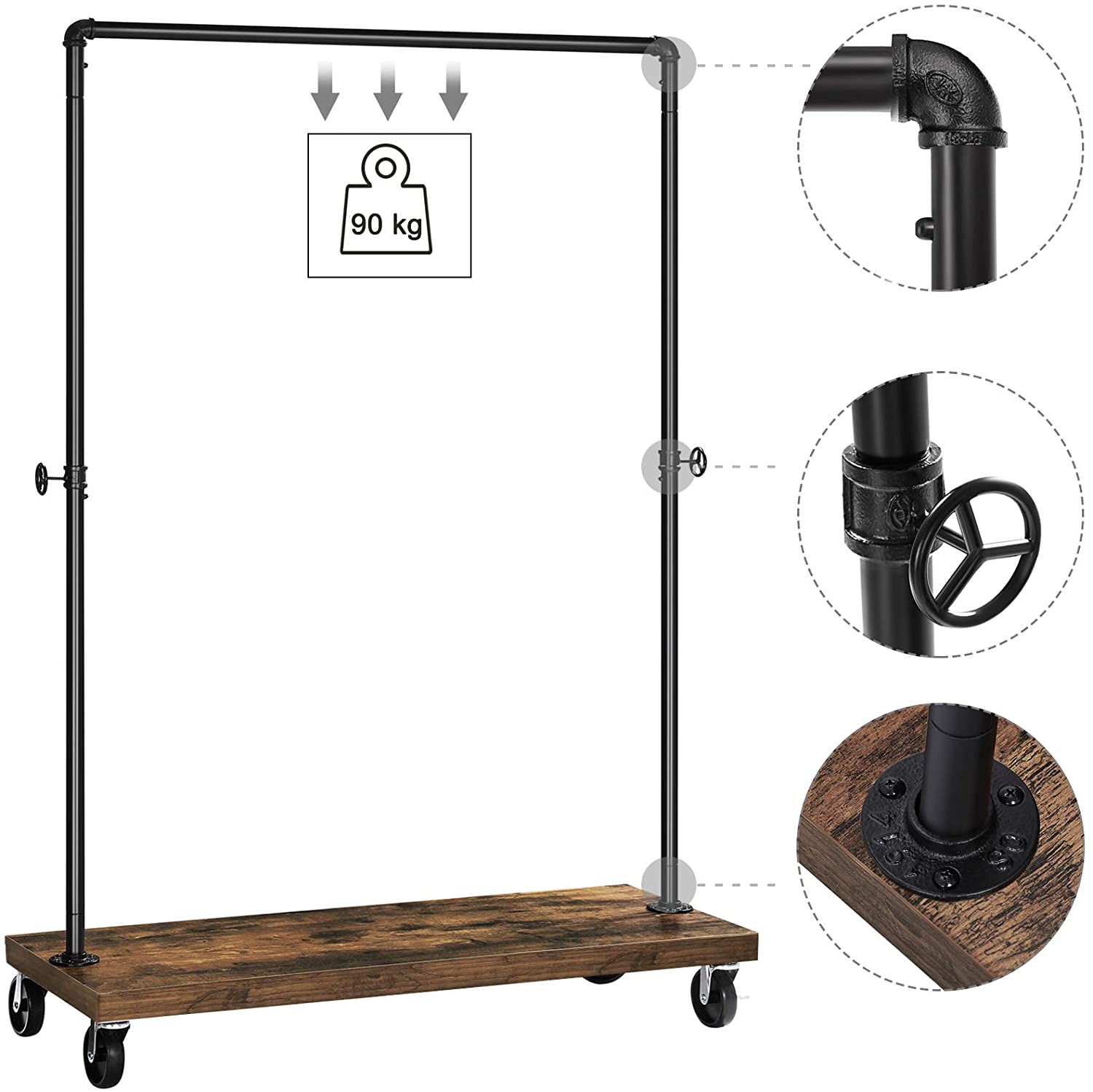 Appendiabiti in metallo dorato con ruote, 125 x 160 x 35 cm, stile industriale retrò, per abbigliamento, casa, sala da ballo