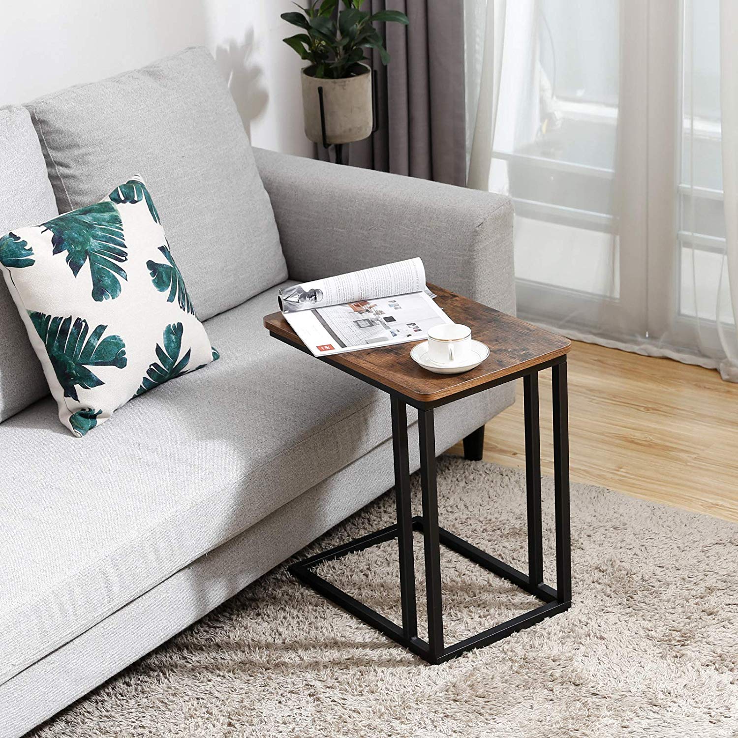 Furnish 1 tavolino con Ruote per Divano caffè e pasti per iPad tavolino Laterale Struttura in Metallo Stile retrò Legno 