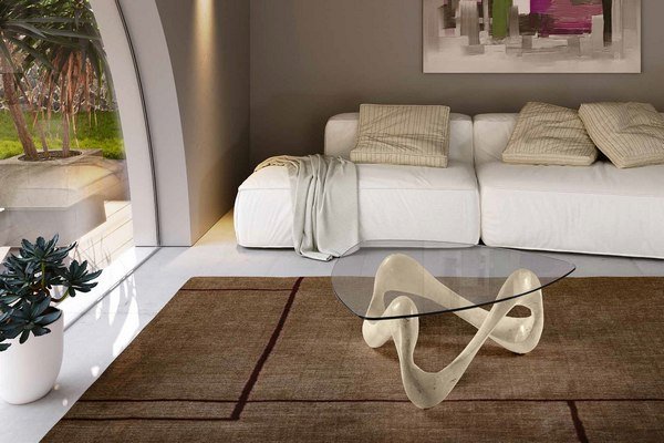 Tavolino da Salotto in Pietra Fossile con Base Triangolare Sabbia