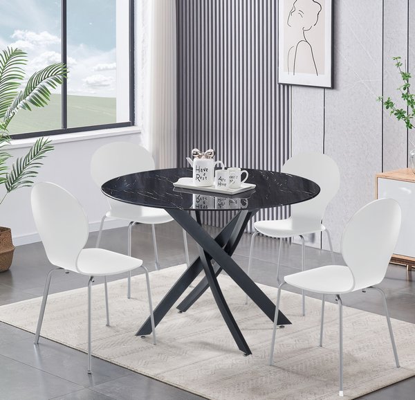 Tavolo Rotondo con Piedi Incrociati Acciaio e Piana Effetto Marmo Nero