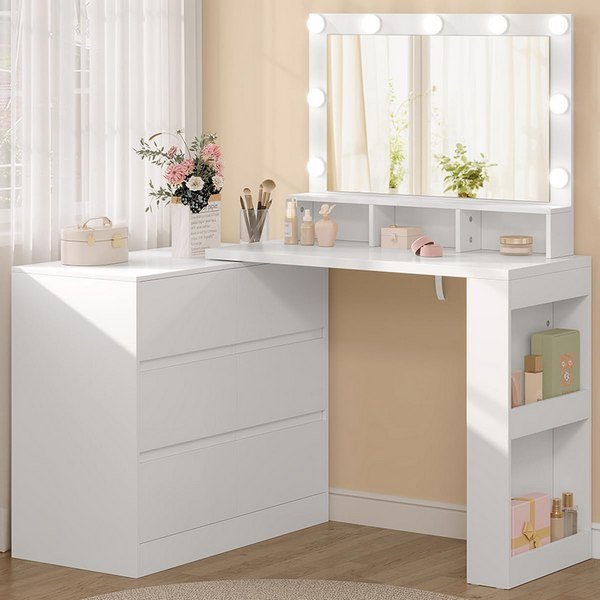 Toeletta Angolare Con Specchio E Cassetti - Comò Trucco Con Sgabello, Ideale Per Stanze Piccole - Foto 9